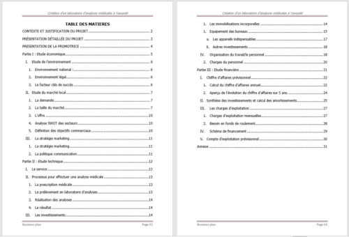 Table des matières business plan analyse médicale