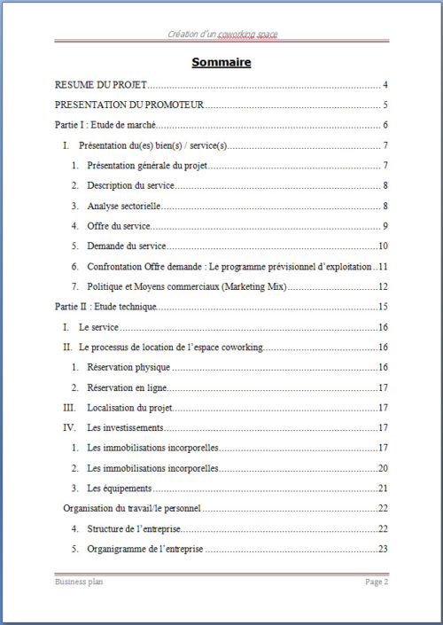 sommaire business plan coworking