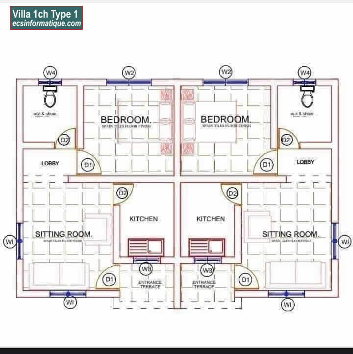 Plan de maison 1 chambre salon T2 type 1