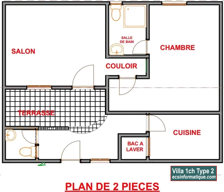 Plan de maison 1 chambre salon T2 type 2