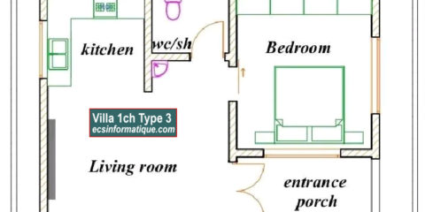 Plan de maison 1 chambre salon T2 type 3