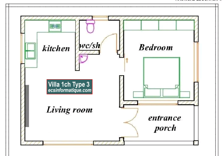 Plan de maison 1 chambre salon T2 type 3