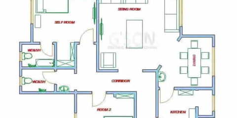 Plan de maison 2 chambres salon - Distribution 2D - Villa T3 Type 1