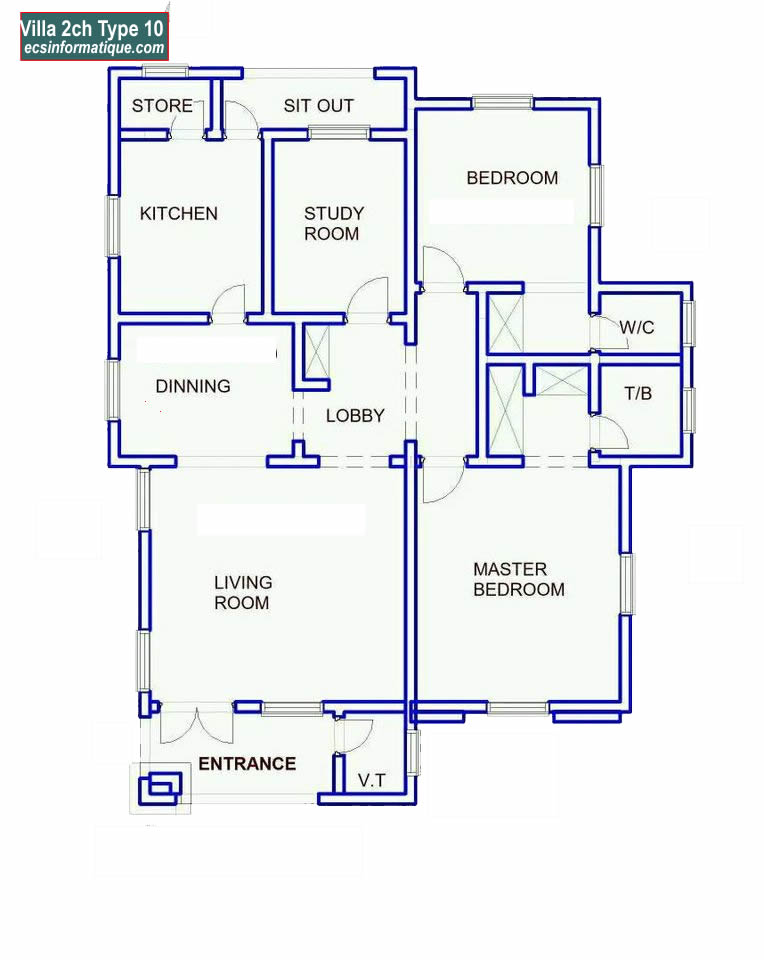 Plan de maison 2 chambres salon - Distribution 2D - Villa T3 Type 10