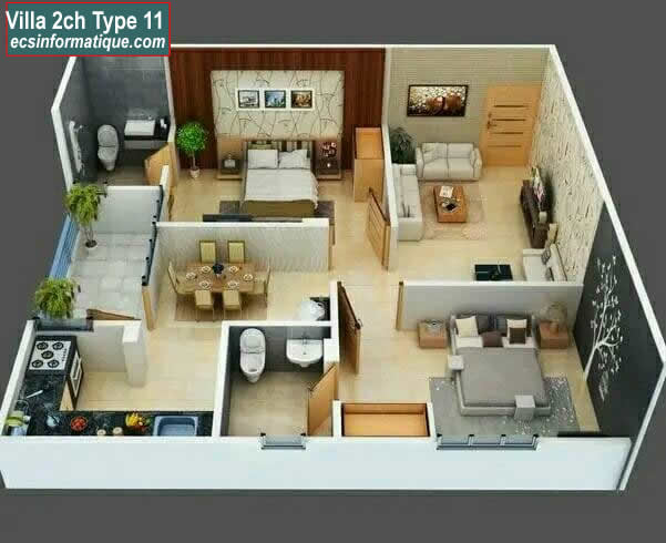 Plan de maison 2 chambres salon - Distribution 2D - Villa T3 Type 11