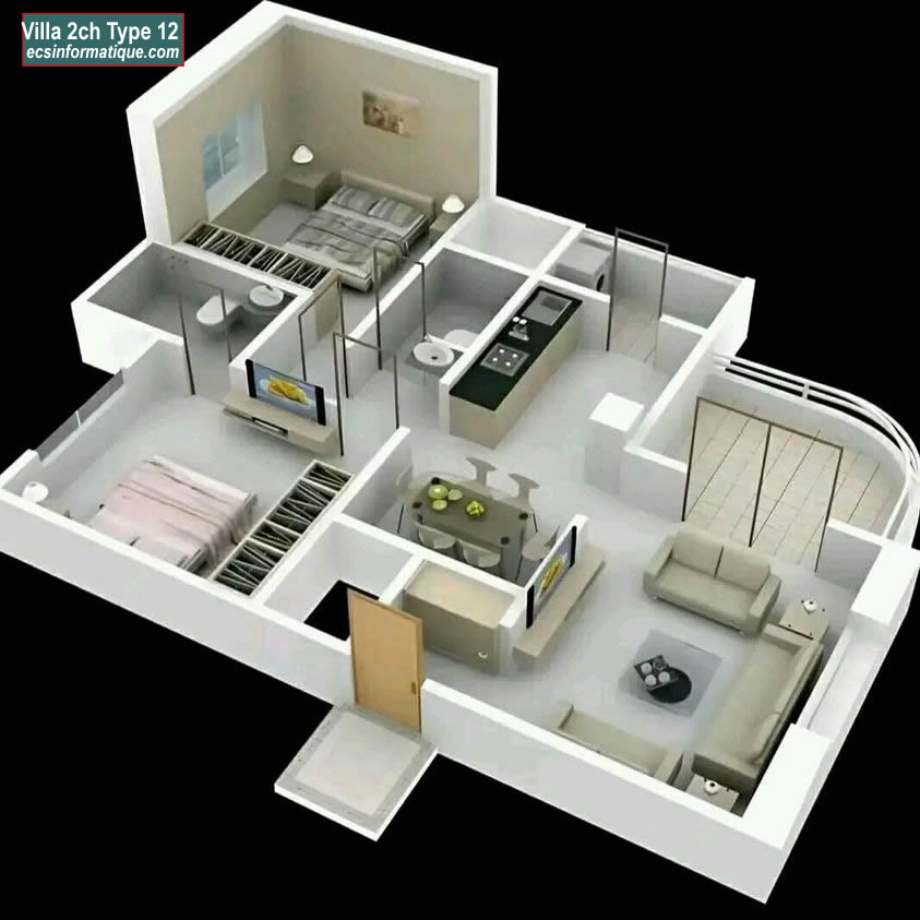 Plan de maison 2 chambres salon - Distribution 2D - Villa T3 Type 12