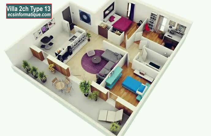 Plan de maison 2 chambres salon - Distribution 2D - Villa T3 Type 13