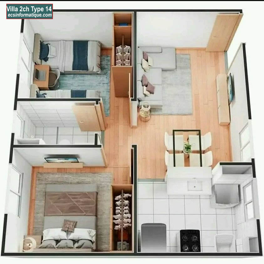 Plan de maison 2 chambres salon - Distribution 2D - Villa T3 Type 14