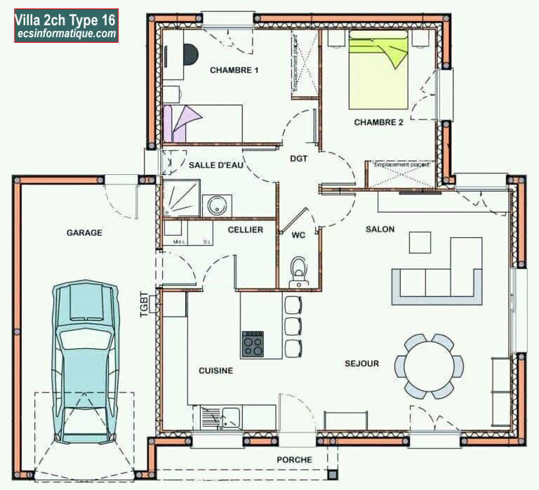 Plan de maison 2 chambres salon - Distribution 2D -Villa T3 Type 16
