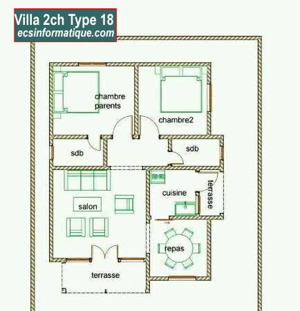 Plan de maison 2 chambres salon - Distribution 2D -Villa T3 Type 18