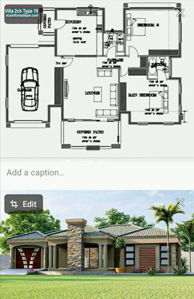 Plan de maison 2 chambres salon - Distribution 2D -Villa T3 Type 19