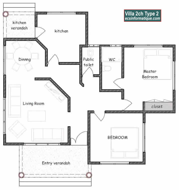 Plan de maison 2 chambres salon - Distribution 2D - Villa T3 Type 2