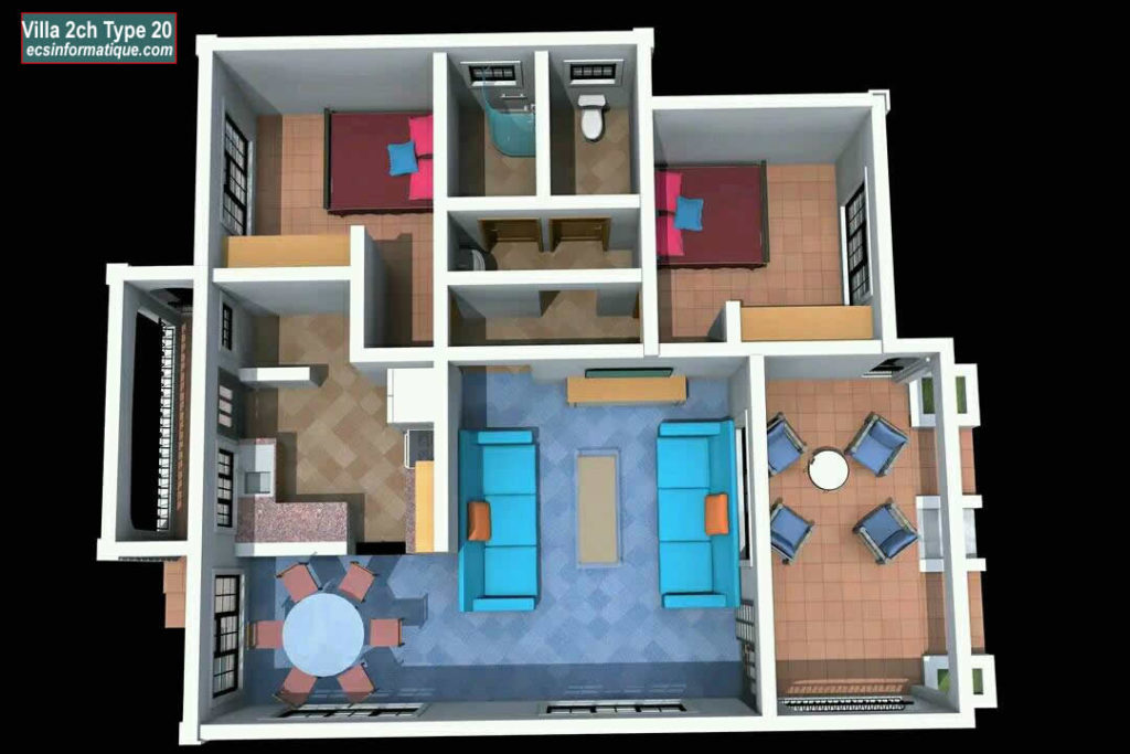 Plan de maison 2 chambres salon - Distribution 2D -Villa T3 Type 20