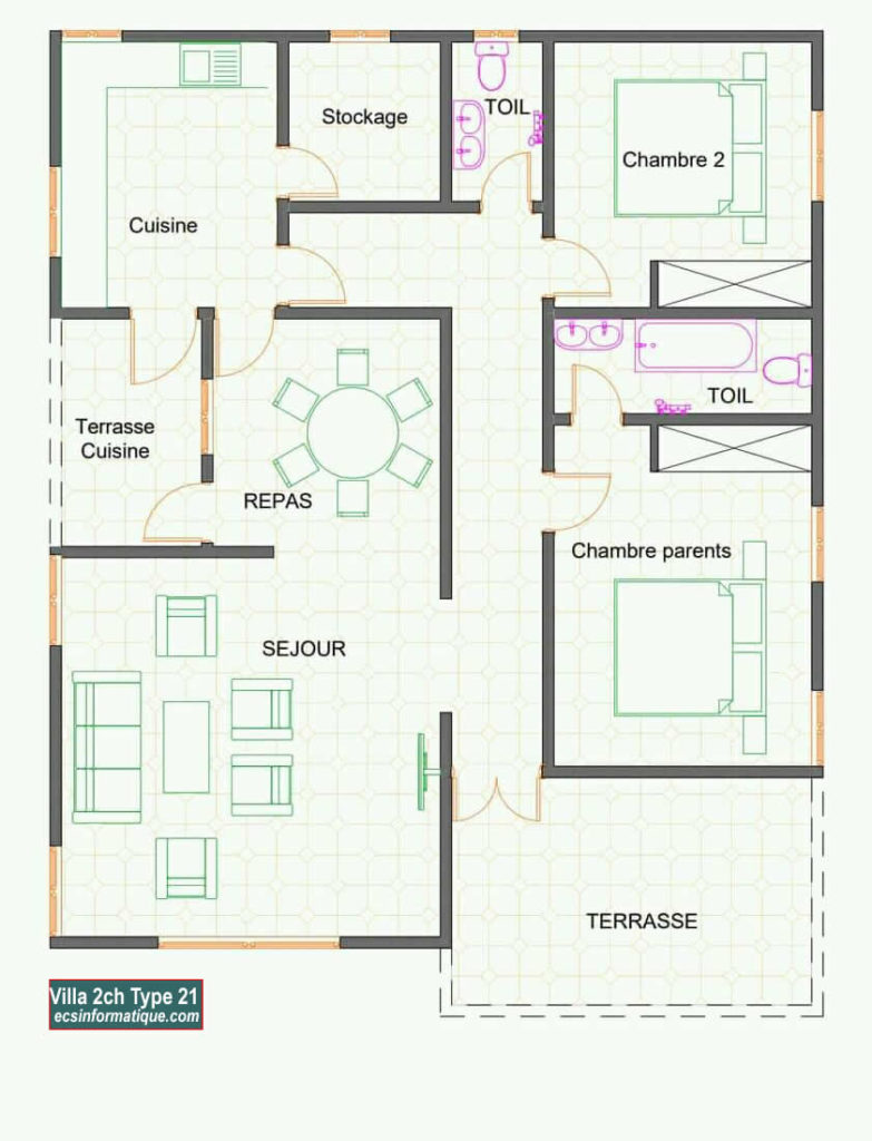 Plan de maison 2 chambres salon - Distribution 2D -Villa T3 Type 21