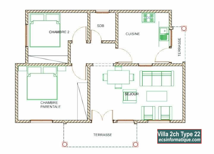 Plan de maison 2 chambres salon - Distribution 2D -Villa T3 Type 22