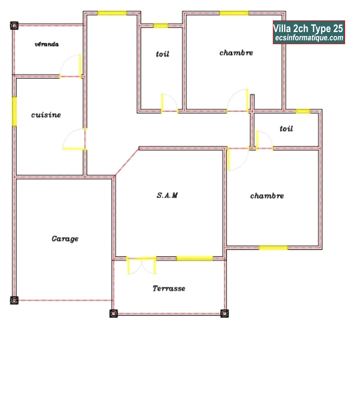 Plan de maison 2 chambres salon - Distribution 2D -Villa T3 Type 25