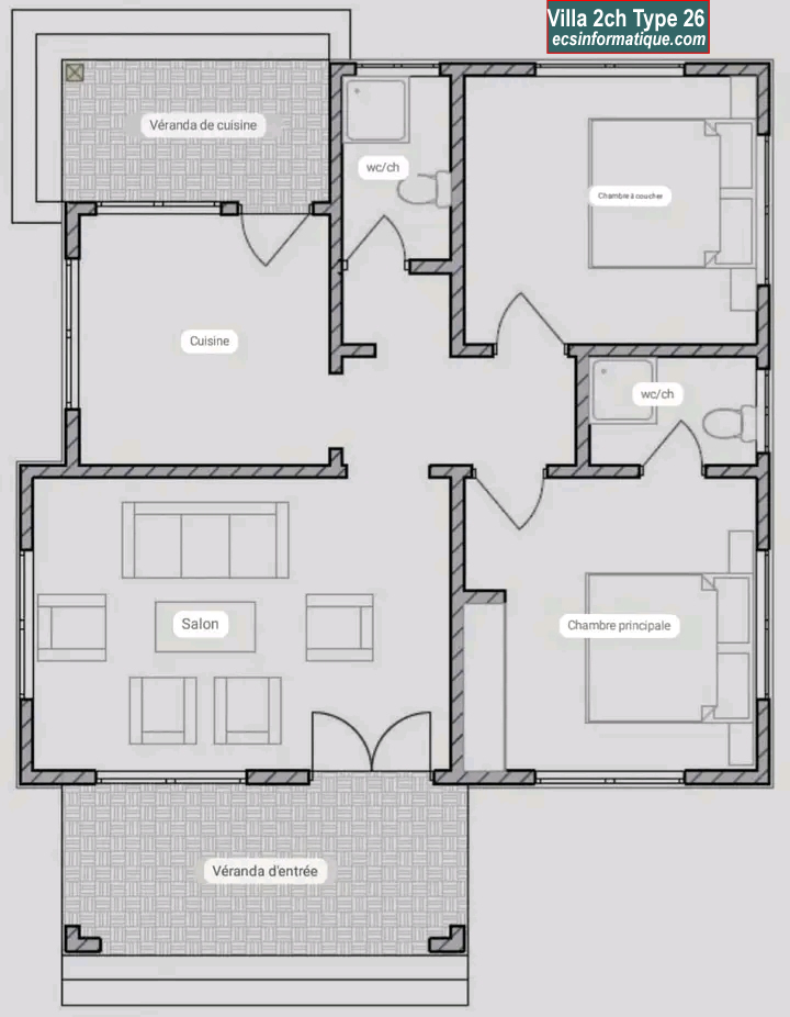 Plan de maison 2 chambres salon - Distribution 2D -Villa T3 Type 26