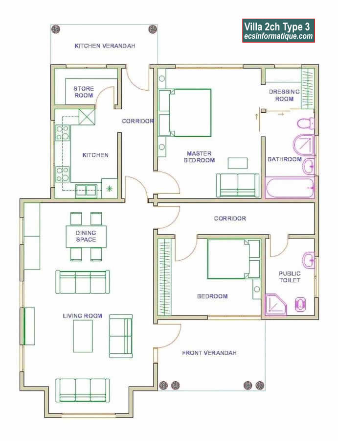 Plan de maison 2 chambres salon - Distribution 2D - Villa T3 Type 3