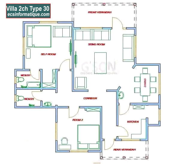 Plan de maison 2 chambres salon - Distribution 2D -Villa T3 Type 30
