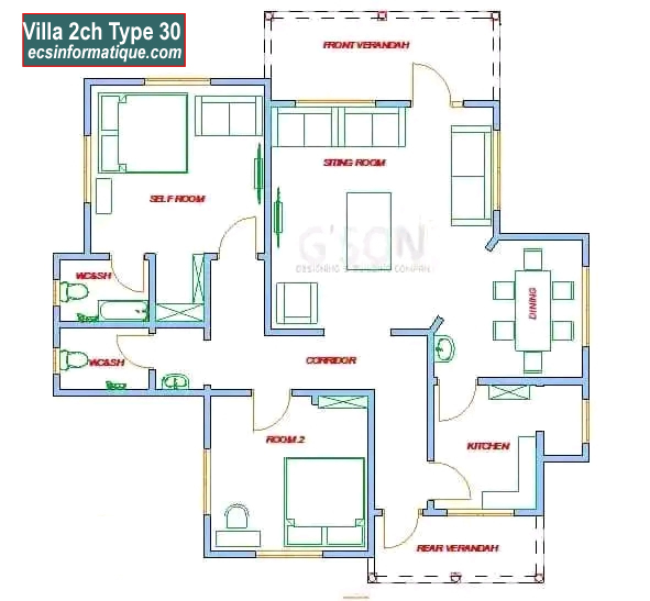 Plan de maison 2 chambres salon - Distribution 2D -Villa T3 Type 30