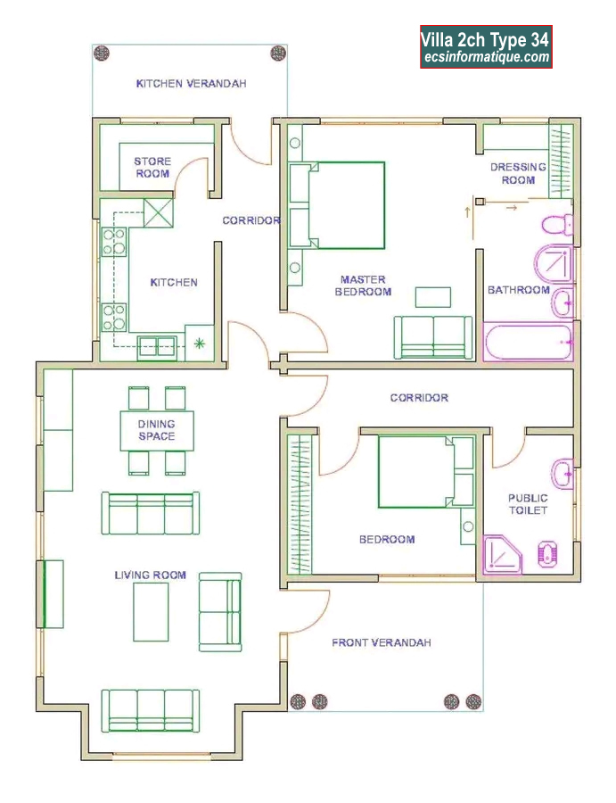 Plan de maison 2 chambres salon - Distribution 2D -Villa T3 Type 34