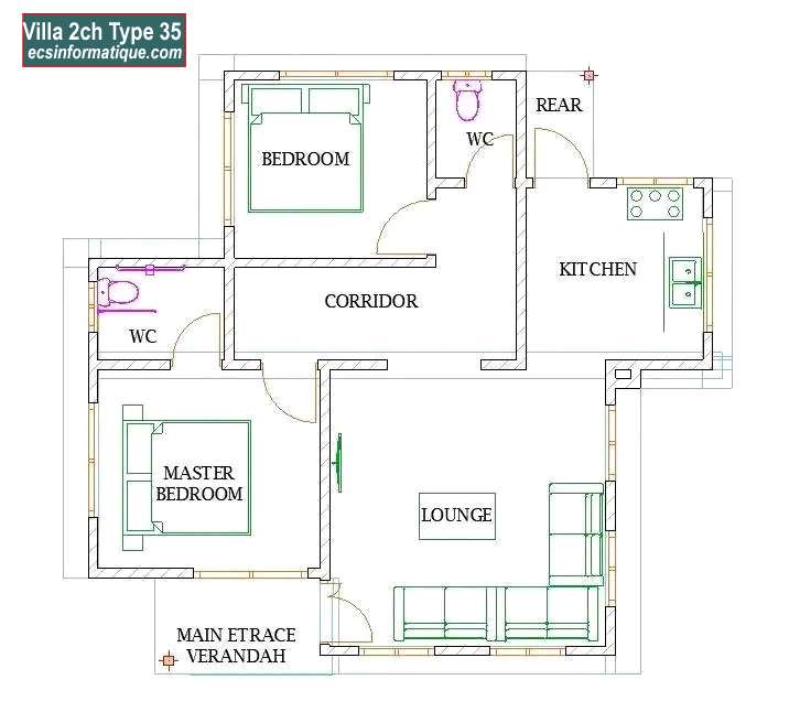 Plan de maison 2 chambres salon - Distribution 2D -Villa T3 Type 35