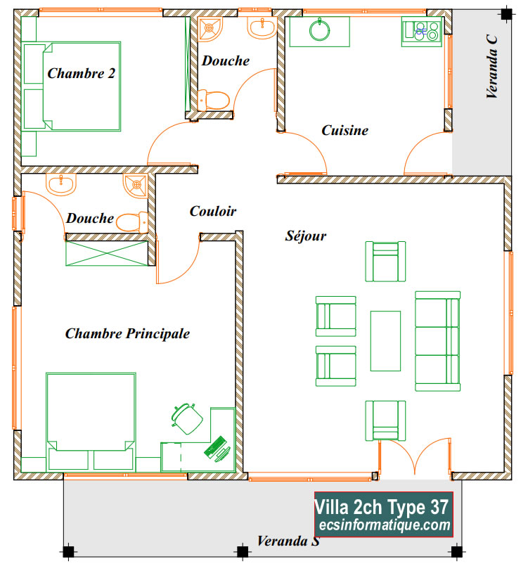 Plan de maison 2 chambres salon - Distribution 2D -Villa T3 Type 37