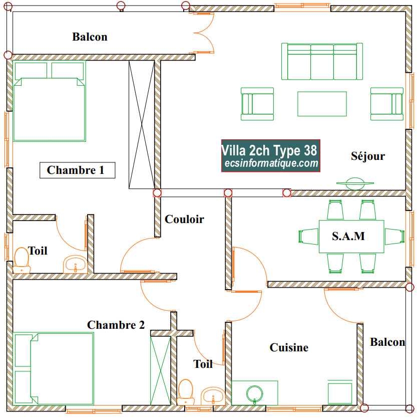Plan de maison 2 chambres salon - Distribution 2D -Villa T3 Type 38