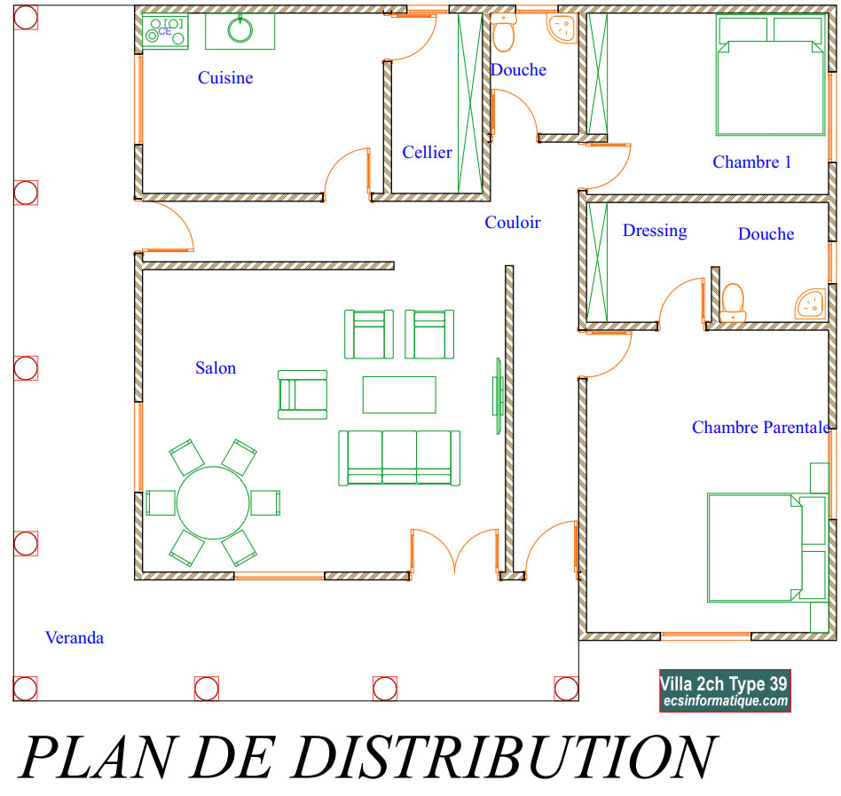 Plan de maison 2 chambres salon - Distribution 2D - Villa T3 Type 39