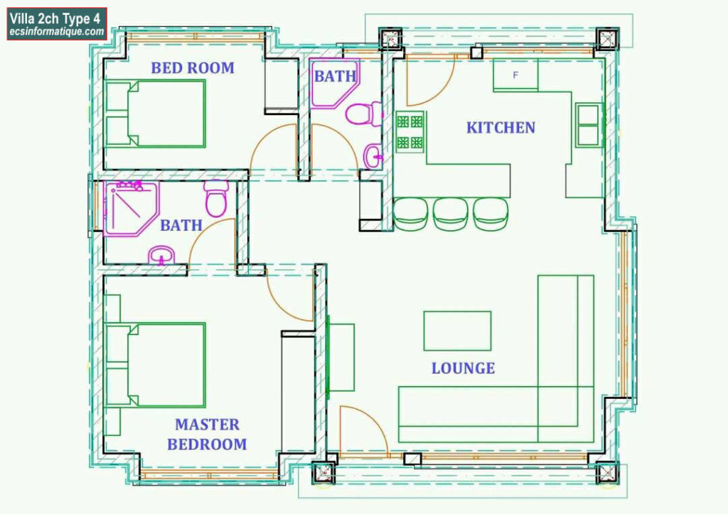 Plan de maison 2 chambres salon - Distribution 2D - Villa T3 Type 4