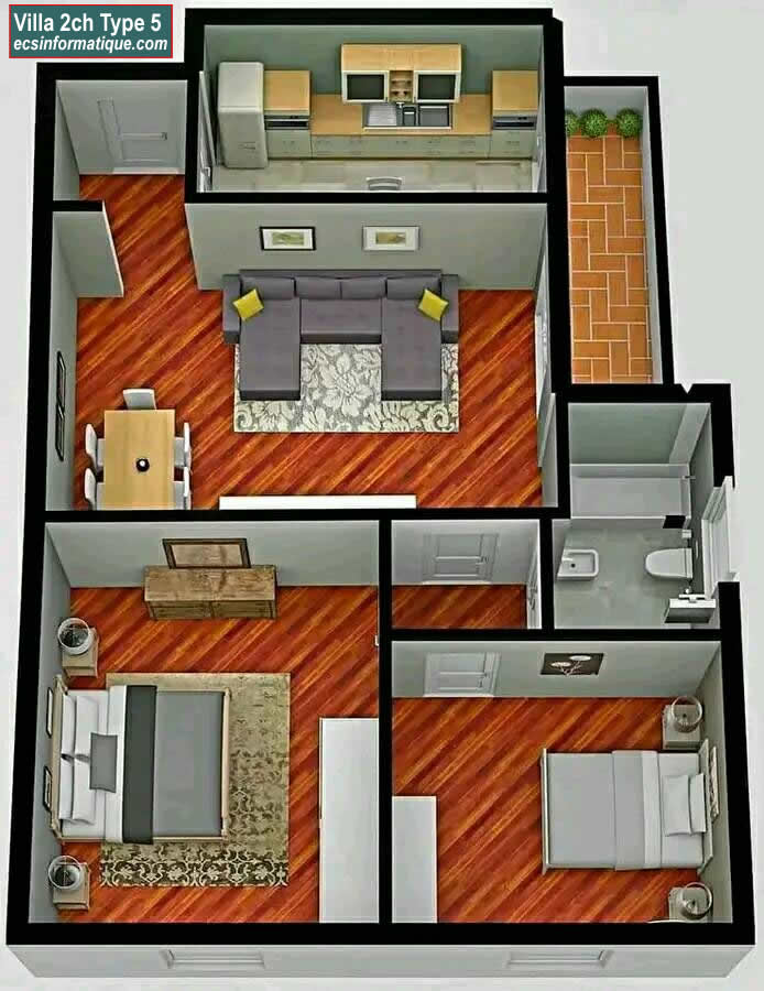 Plan de maison 2 chambres salon - Distribution 2D - Villa T3 Type 5