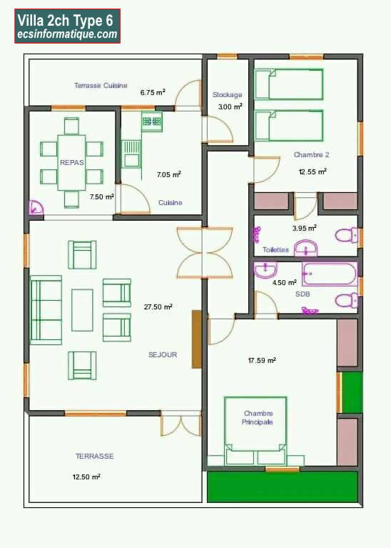 Plan de maison 2 chambres salon - Distribution 2D - Villa T3 Type 6