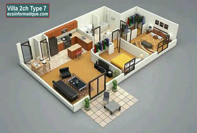 Plan de maison 2 chambres salon - Distribution 2D - Villa T3 Type 7
