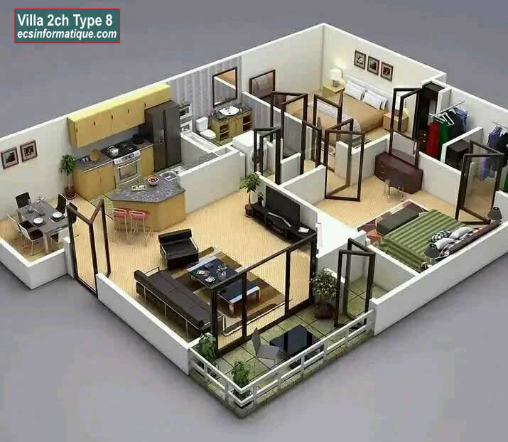 Plan de maison 2 chambres salon - Distribution 2D - Villa T3 Type 8