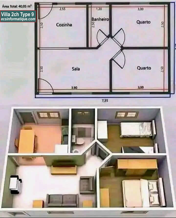 Plan de maison 2 chambres salon - Distribution 2D - Villa T3 Type 9