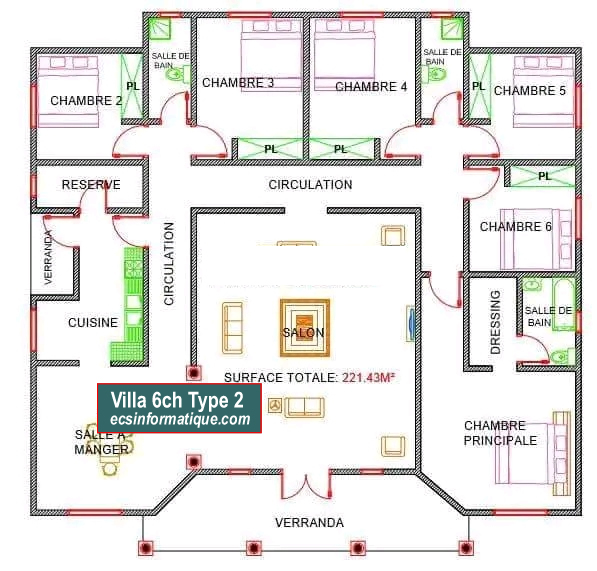 Plan de maison 5 chambres salon - Distribution 2D - Villa T7 Type 2