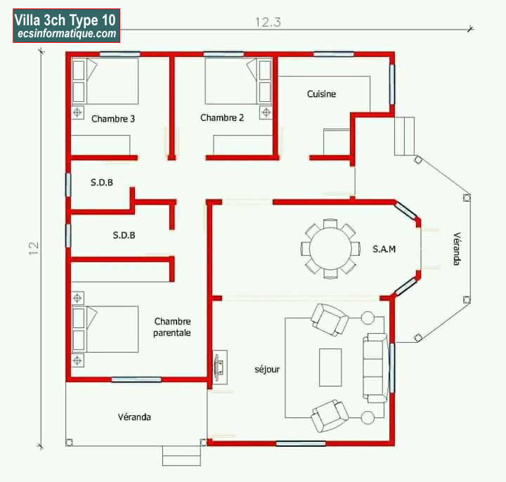 Plan de maison 3 chambres salon - Distribution 2D - Villa T4 Type 10