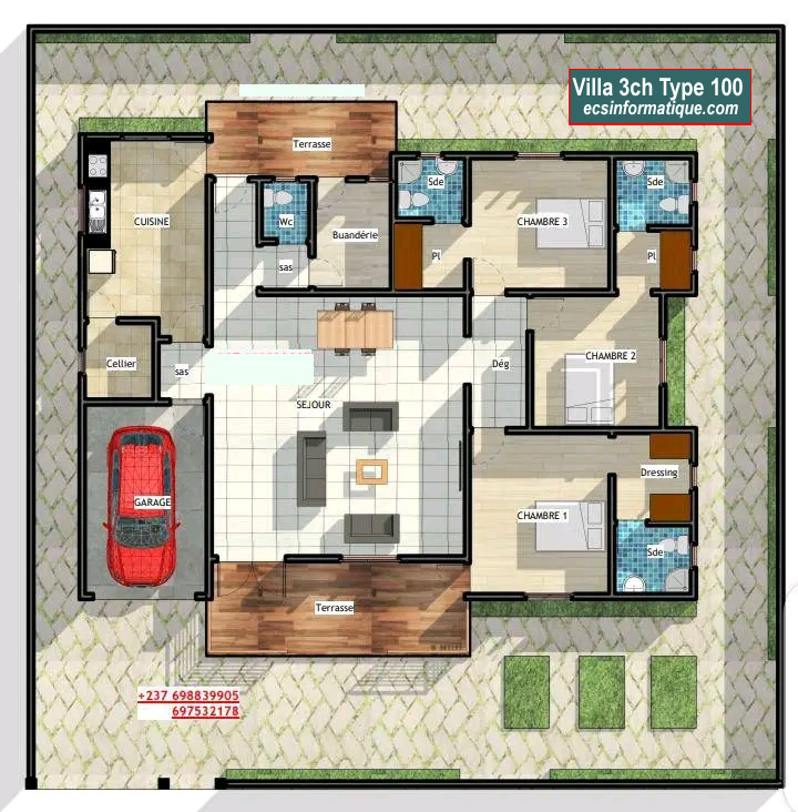 Plan de maison 3 chambres salon - Distribution 2D -Villa T4 Type 20