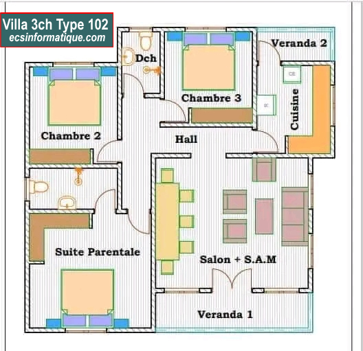 Plan de maison 3 chambres salon - Distribution 2D -Villa T4 Type 22