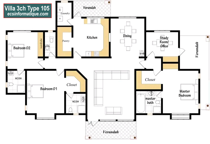 Plan de maison 3 chambres salon - Distribution 2D -Villa T4 Type 25