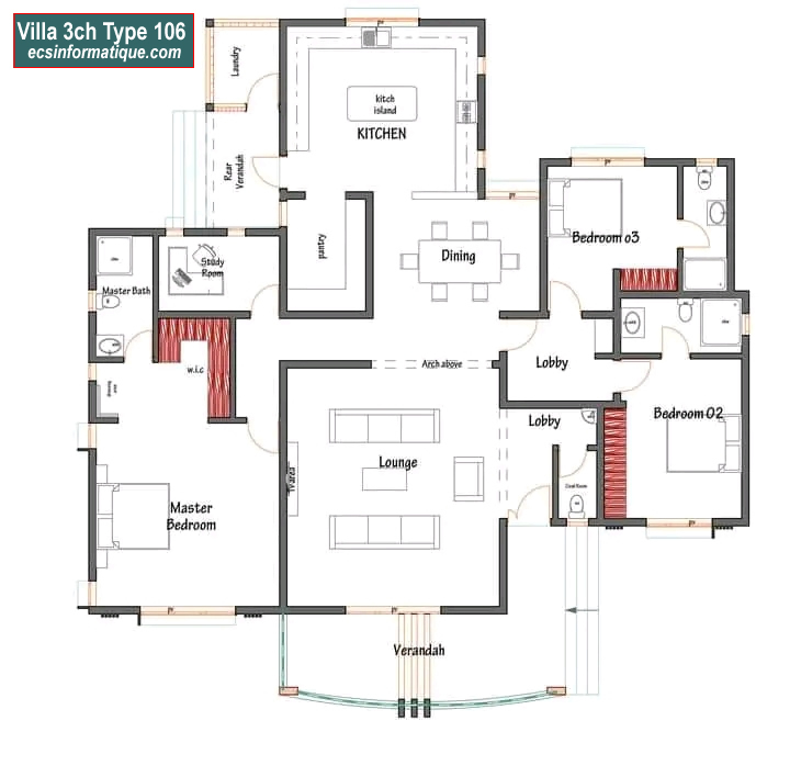 Plan de maison 3 chambres salon - Distribution 2D -Villa T4 Type 26