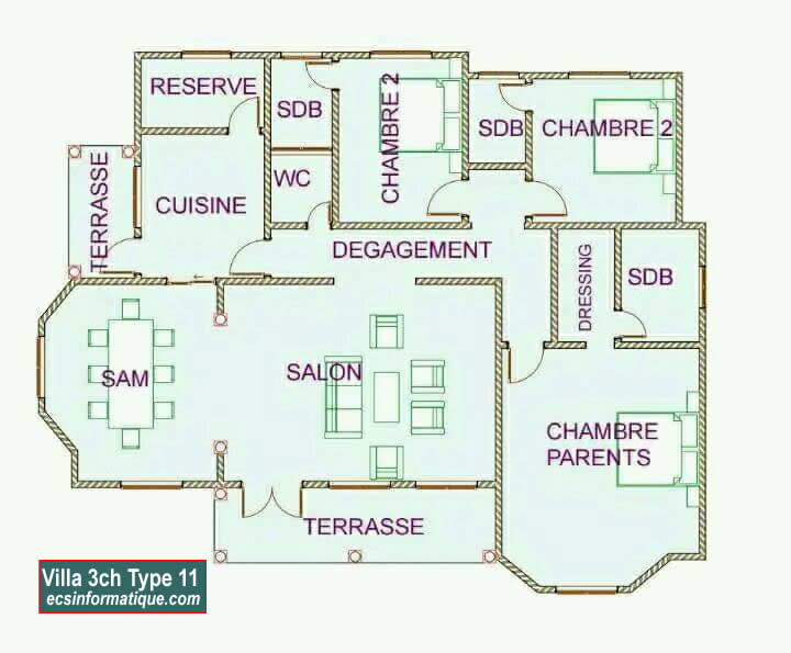 Plan de maison 3 chambres salon - Distribution 2D - Villa T4 Type 11