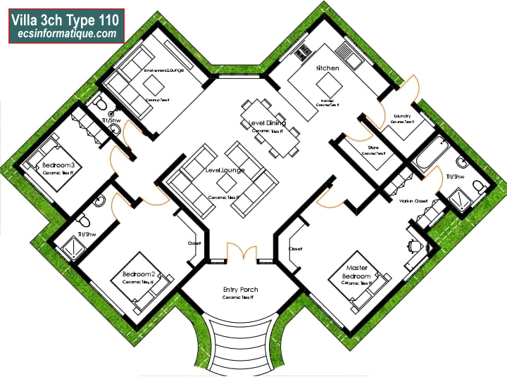 Plan de maison 3 chambres salon - Distribution 2D -Villa T4 Type 30