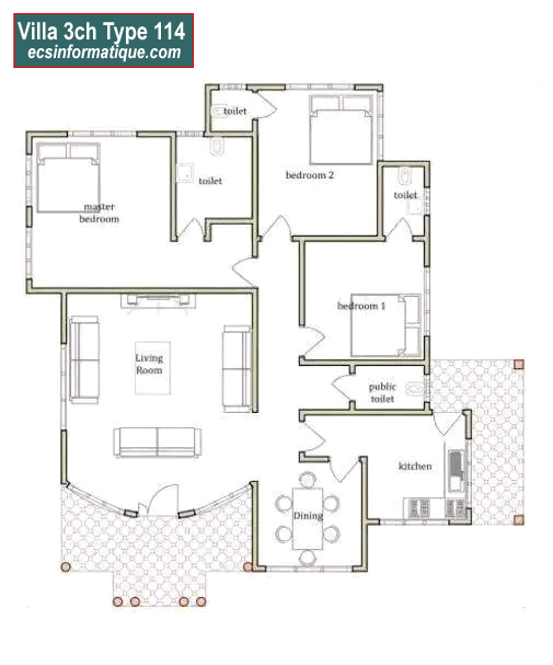 Plan de maison 3 chambres salon - Distribution 2D -Villa T4 Type 34