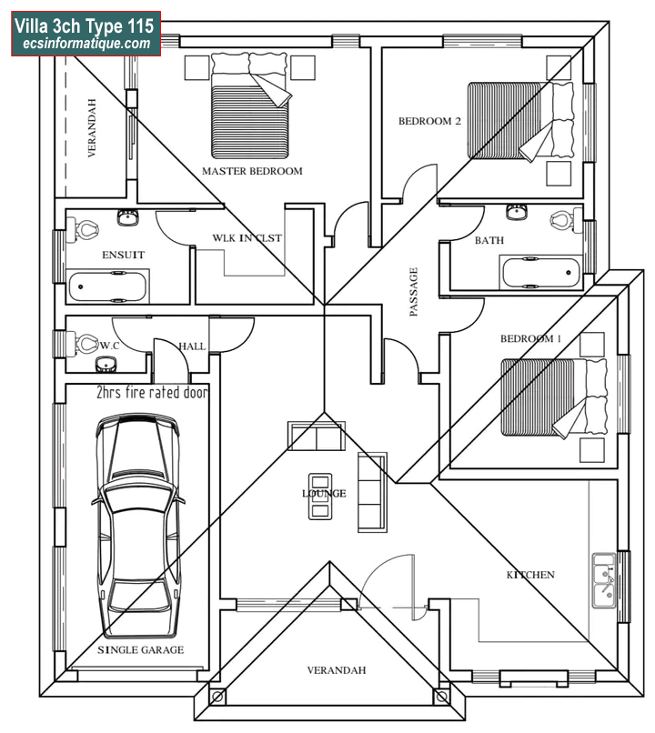 Plan de maison 3 chambres salon - Distribution 2D -Villa T4 Type 35