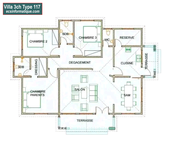 Plan de maison 3 chambres salon - Distribution 2D -Villa T4 Type 37