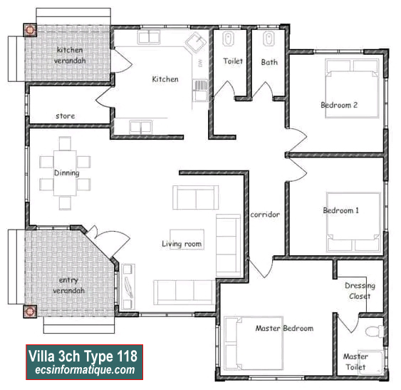 Plan de maison 3 chambres salon - Distribution 2D -Villa T4 Type 37