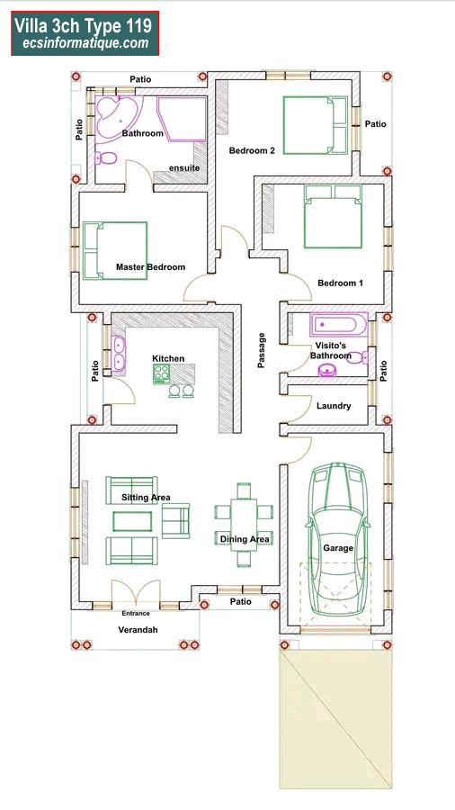 Plan de maison 3 chambres salon - Distribution 2D -Villa T4 Type 37