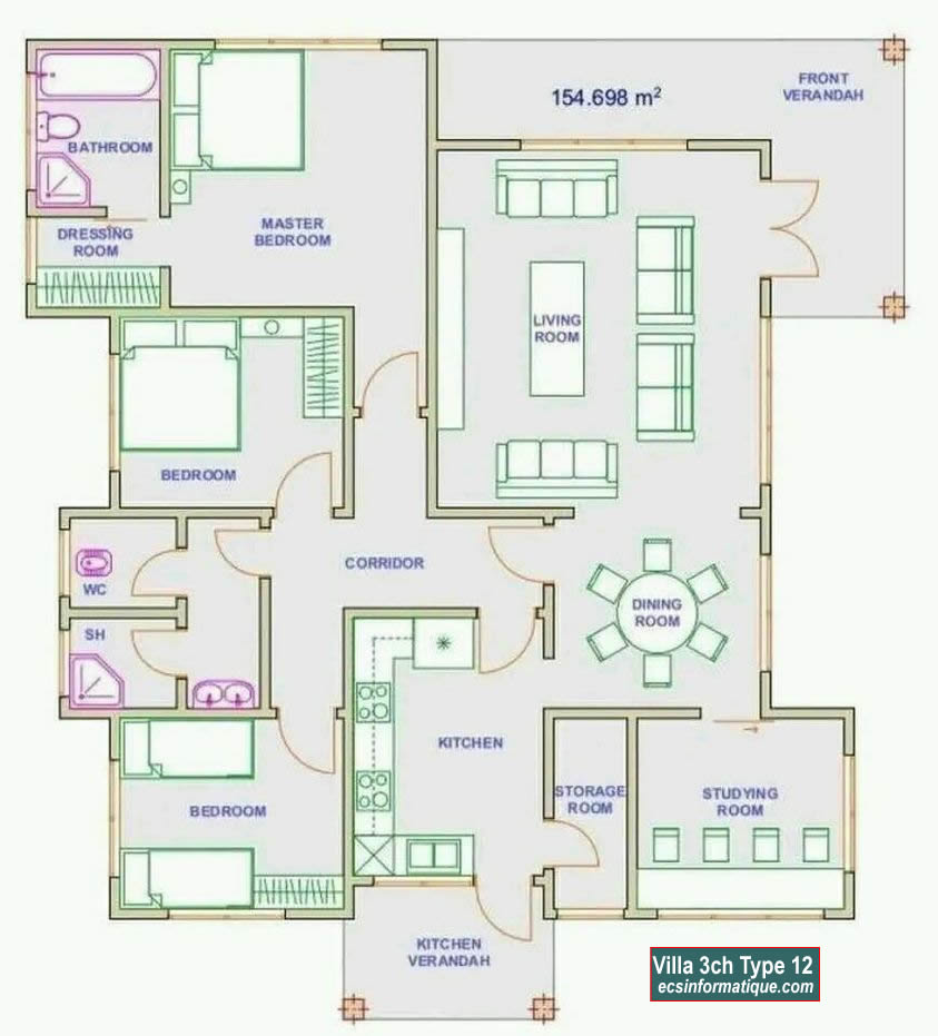 Plan de maison 3 chambres salon - Distribution 2D - Villa T4 Type 12
