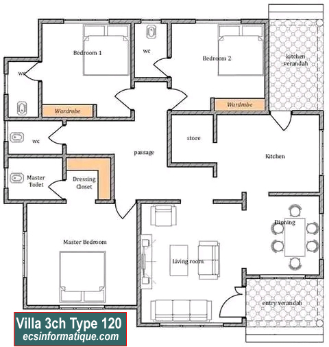 Plan de maison 3 chambres salon - Distribution 2D -Villa T4 Type 37